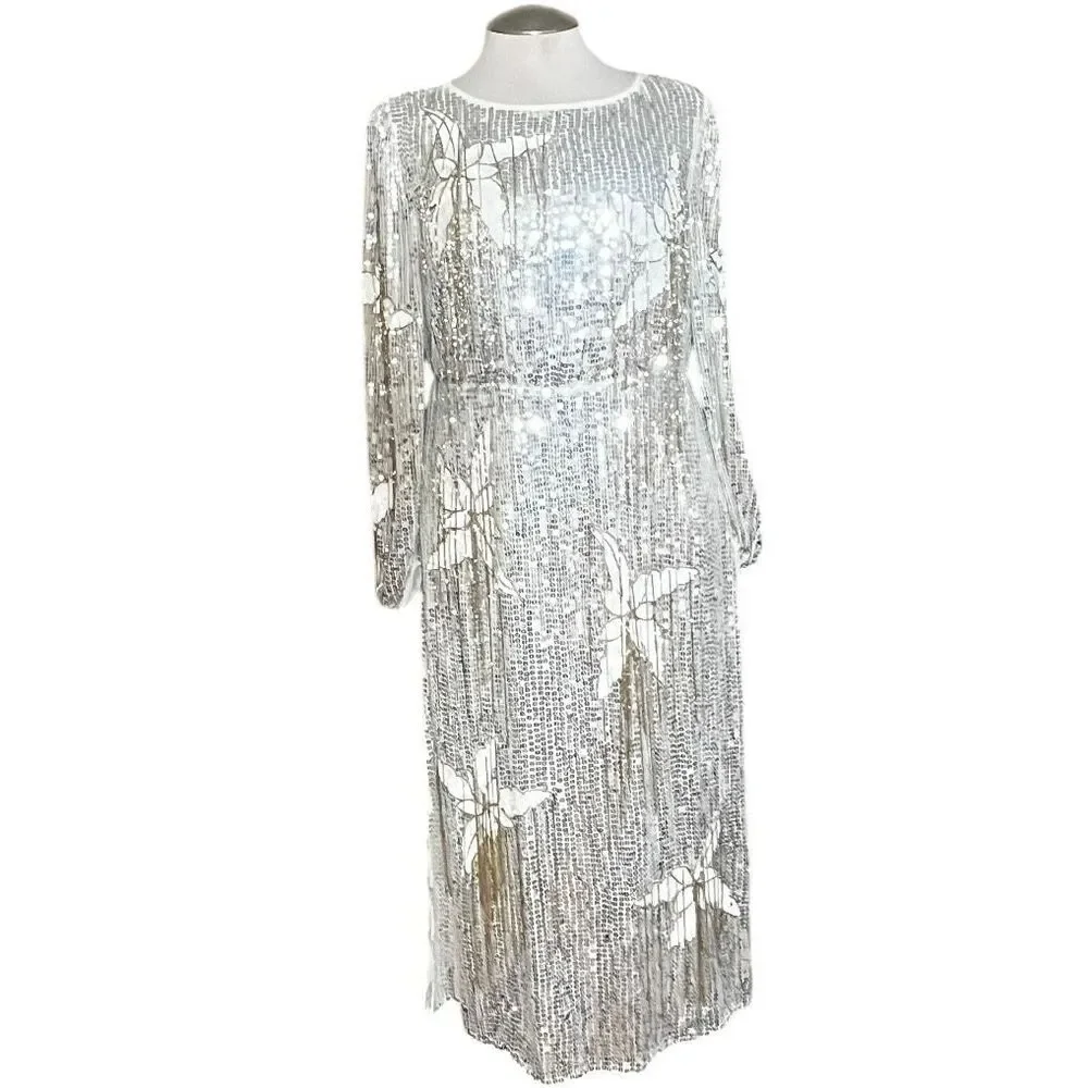 River Island London‎ Floral Sequin Fringe Long Sleeve MIDI Party Holiday Dresd - Picture 4 of 11